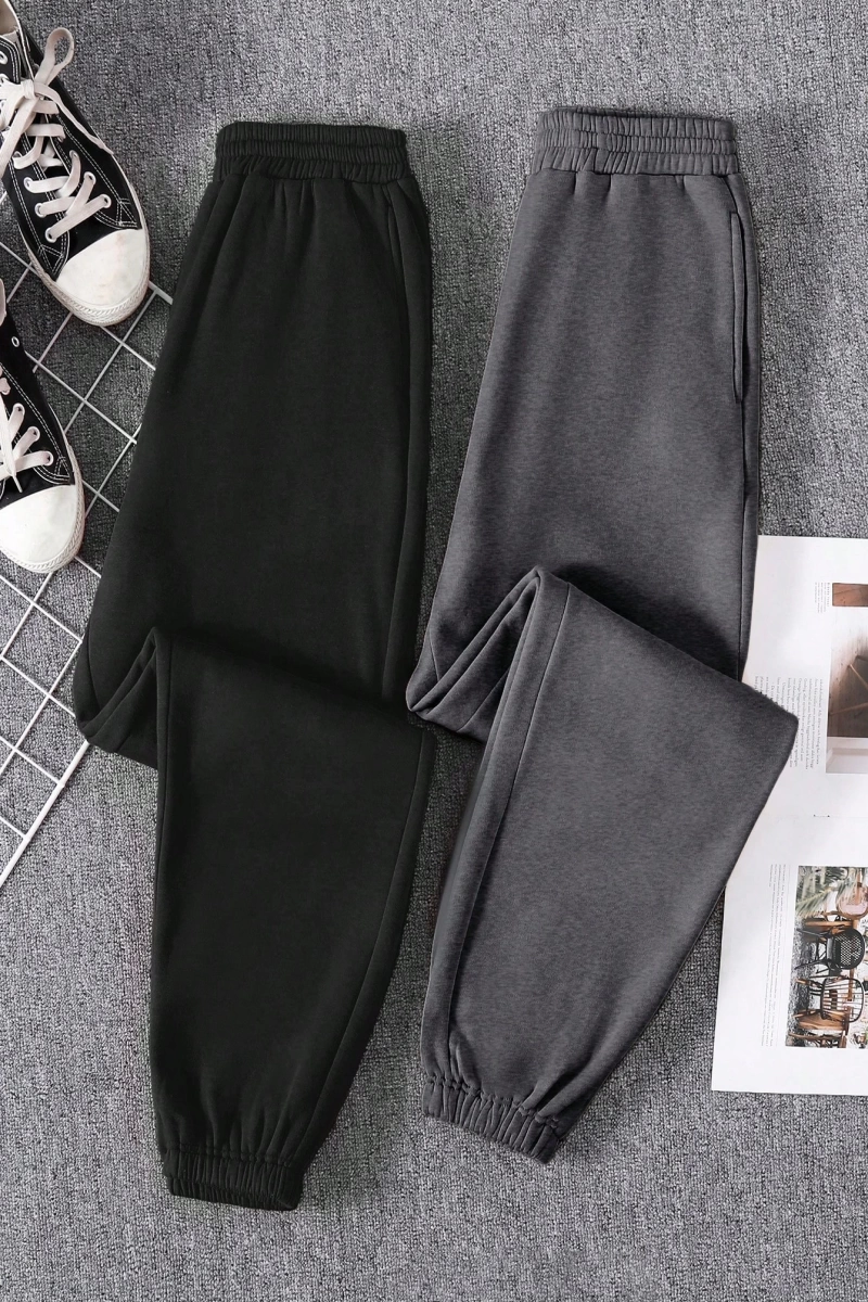 Kadın Düz Renk Ön Bağcıklı Cep Günlük Bağcıklı Spor Pantolonu