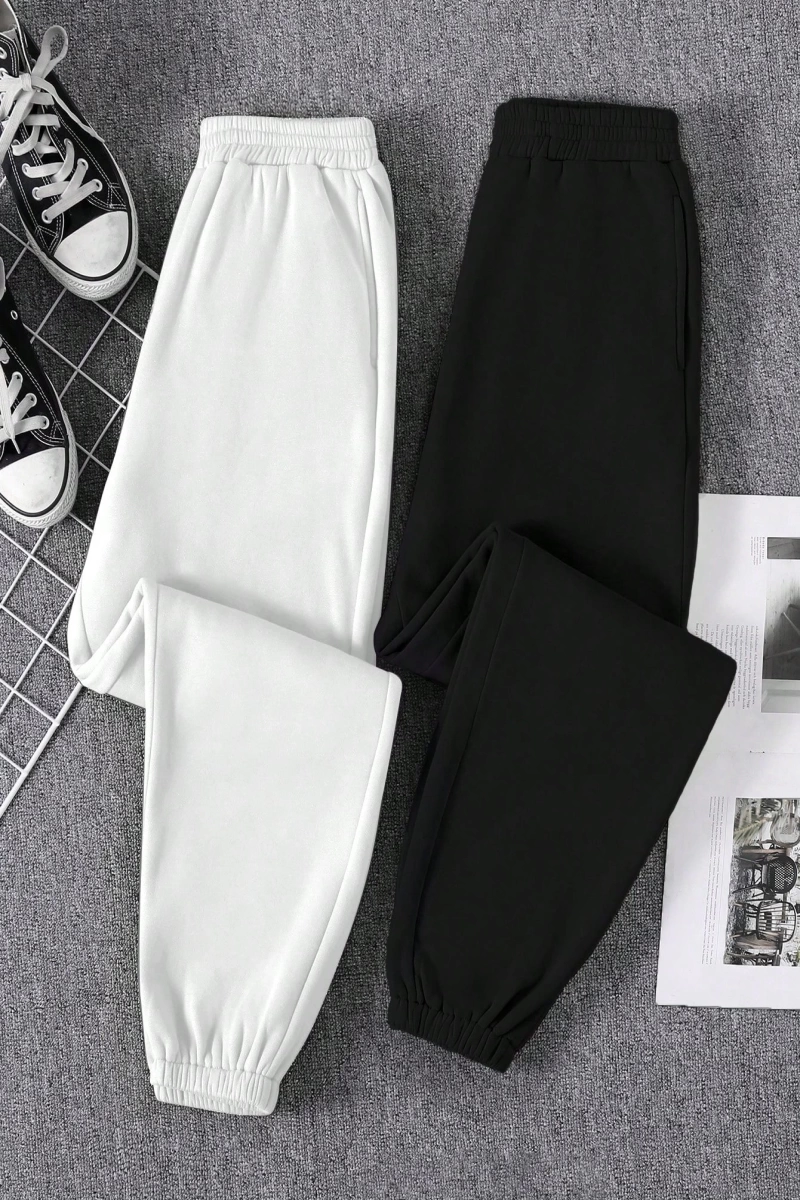 Kadın Düz Renk Ön Bağcıklı Cep Günlük Bağcıklı Spor Pantolonu