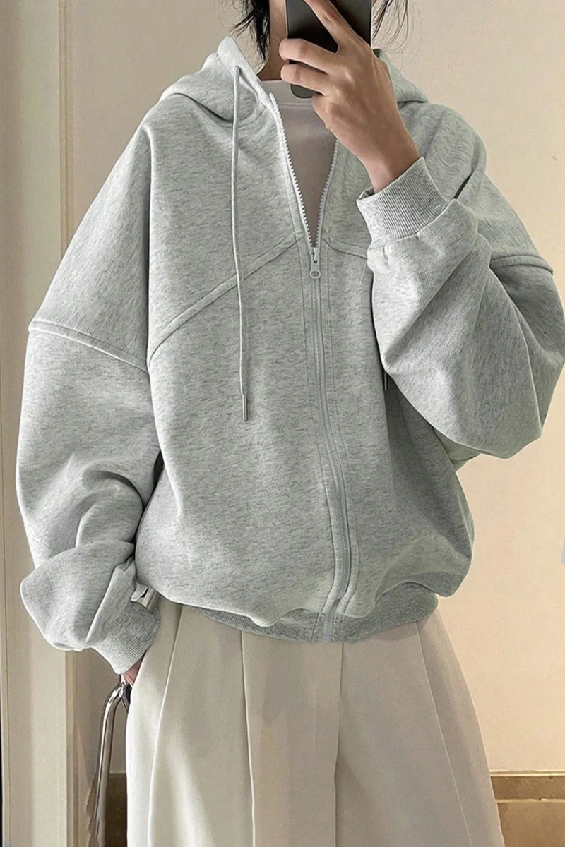 Kadın Düz Renk Ön Fermuarlı Uzun Kollu Minimalist Kapüşonlu, Günlük Giyim, Uzun Kollu  Model 5173