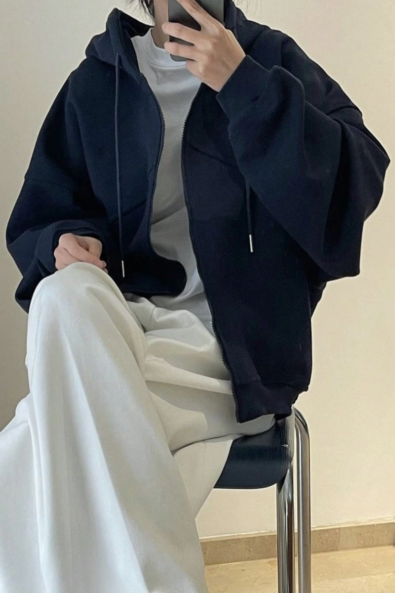 Kadın Düz Renk Ön Fermuarlı Uzun Kollu Minimalist Kapüşonlu, Günlük Giyim, Uzun Kollu  Model 5173