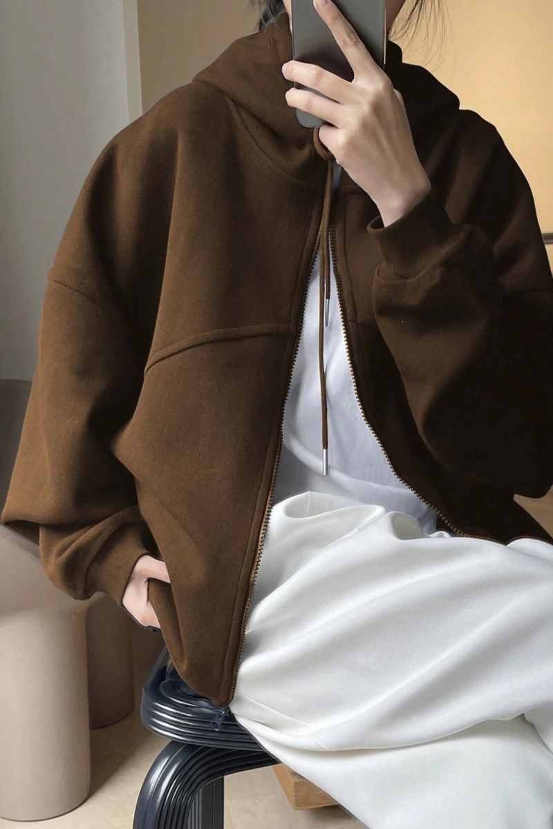 Kadın Düz Renk Ön Fermuarlı Uzun Kollu Minimalist Kapüşonlu, Günlük Giyim, Uzun Kollu  Model 5173