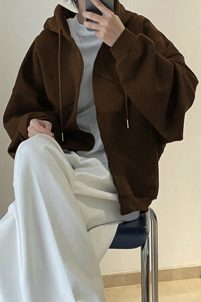 Kadın Düz Renk Ön Fermuarlı Uzun Kollu Minimalist Kapüşonlu, Günlük Giyim, Uzun Kollu  Model 5173
