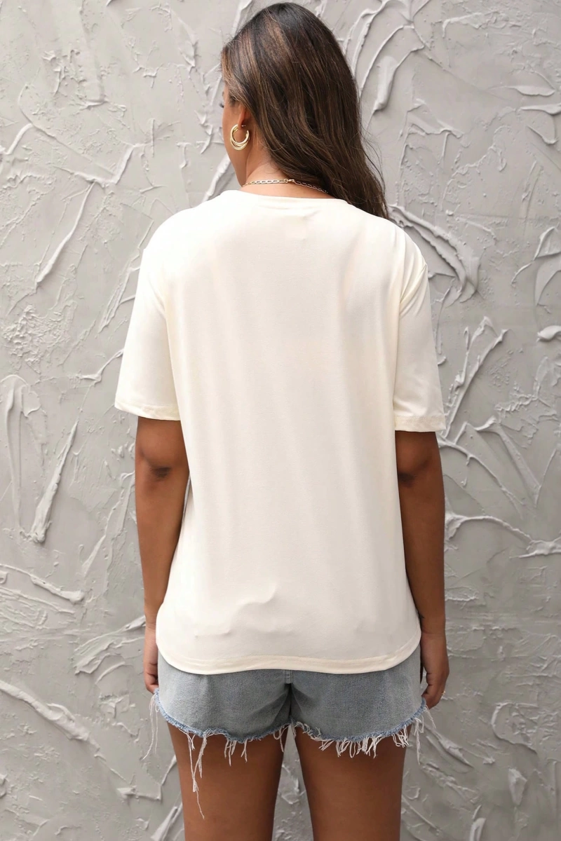 Kadın Düz Renk Yuvarlak Yaka Kısa Kollu Minimalist Üst Kurbağa ve Kara Kurbağası Desenli, Gün