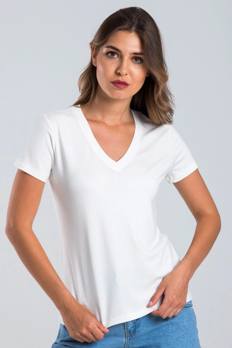 Kadın Ekru Renk V Yaka Kısa Kollu Viskon T-Shirt