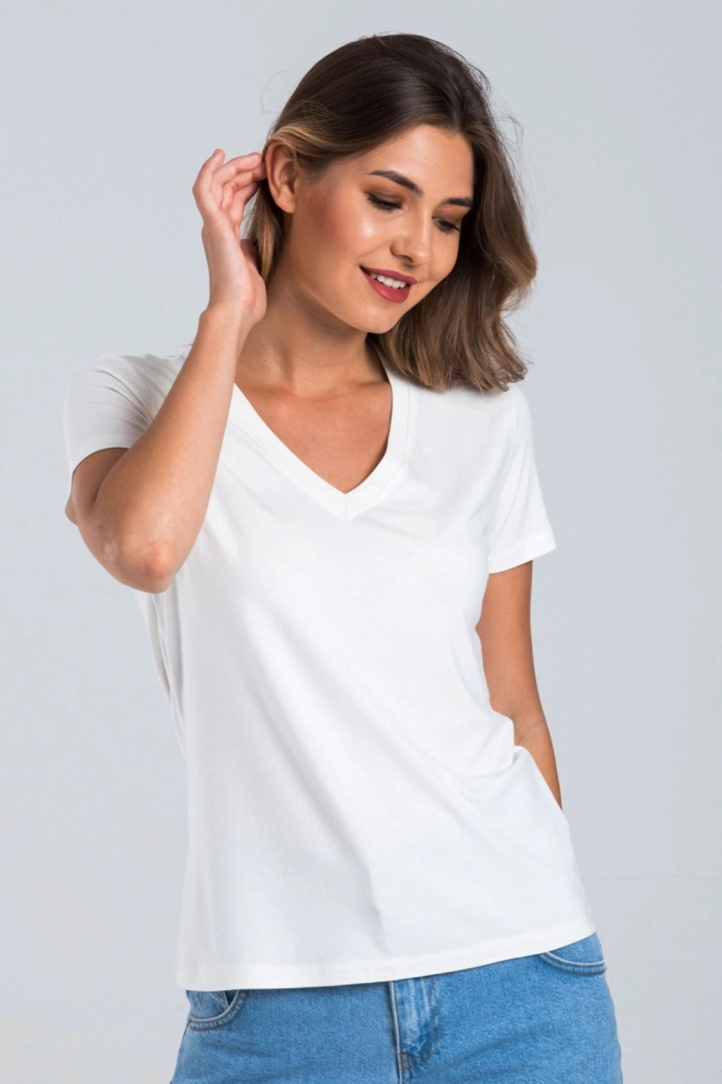 Kadın Ekru Renk V Yaka Kısa Kollu Viskon T-Shirt