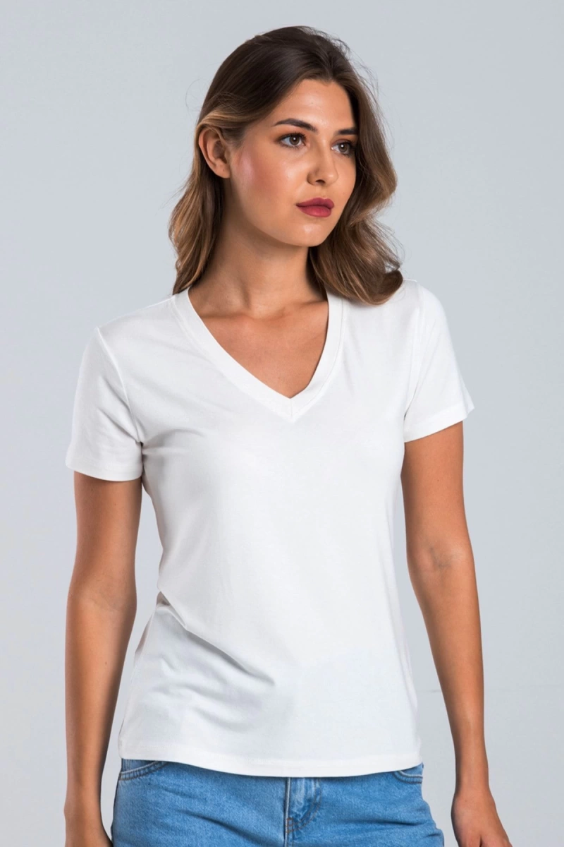 Kadın Ekru Renk V Yaka Kısa Kollu Viskon T-Shirt