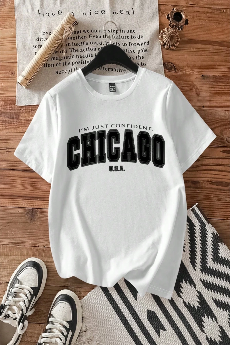 Kadın Fitted Chicago Grafik Yuvarlak Yaka Kısa Kollu Pamuklu Tişört, Yaz İçin Uygun