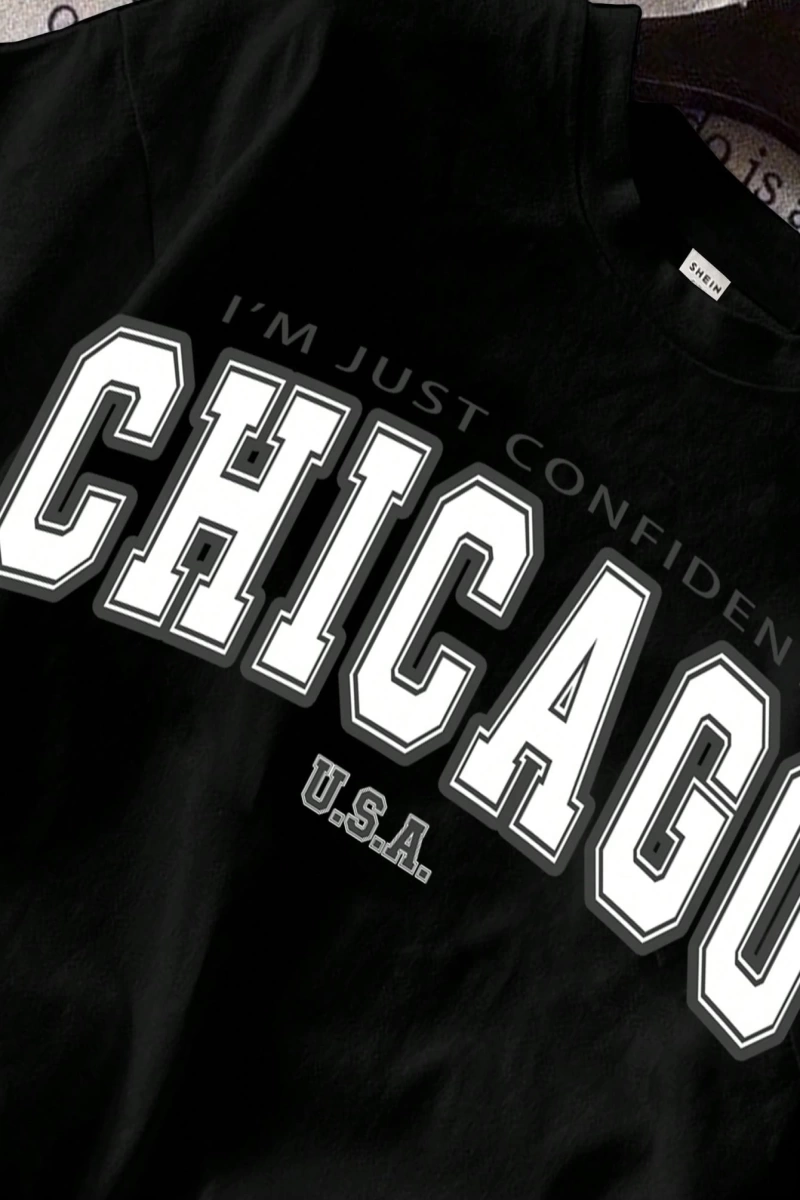 Kadın Fitted Chicago Grafik Yuvarlak Yaka Kısa Kollu Pamuklu Tişört, Yaz İçin Uygun
