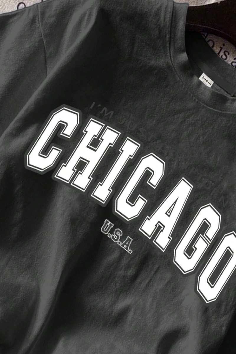 Kadın Fitted Chicago Grafik Yuvarlak Yaka Kısa Kollu Pamuklu Tişört, Yaz İçin Uygun