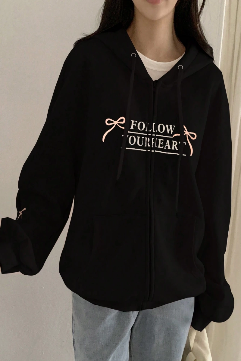 Kadın Fiyonk Dekor Baskı ve Nakış Termal Astarlı Kapşonlu Sweatshirt, Uzun Kollu Üstler Model 5186