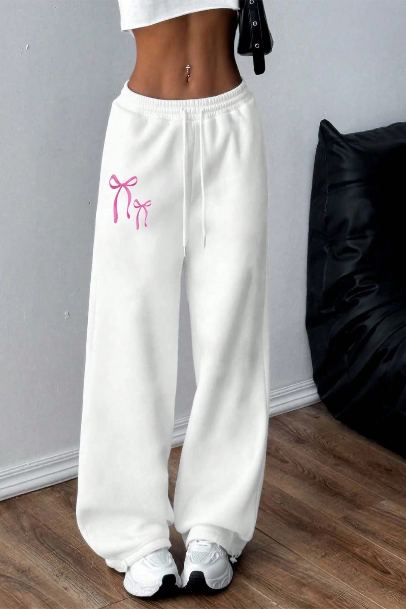 Kadın Fiyonk Desenli Eşofman Altı, Minimalist, Genç, Kampüs Stili, Moda, Rahat, Yolculuk, Spo