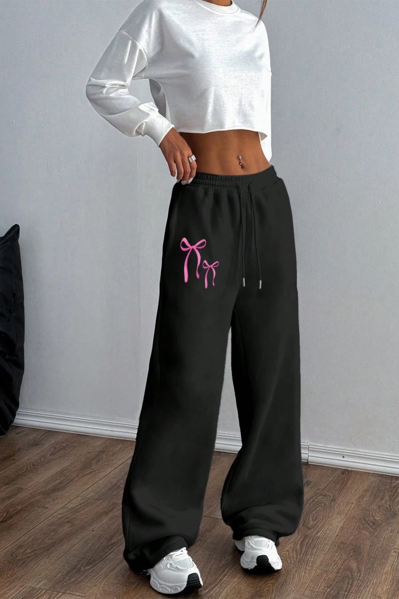 Kadın Fiyonk Desenli Eşofman Altı, Minimalist, Genç, Kampüs Stili, Moda, Rahat, Yolculuk, Spo