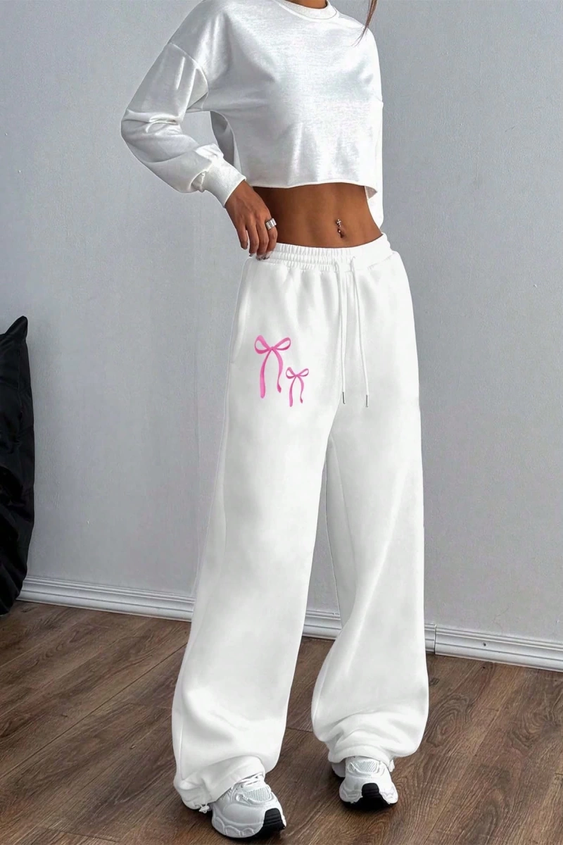Kadın Fiyonk Desenli Eşofman Altı, Minimalist, Genç, Kampüs Stili, Moda, Rahat, Yolculuk, Spo