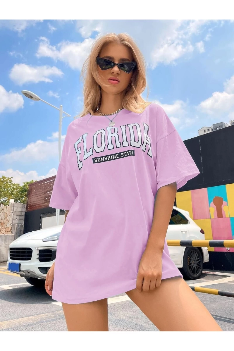 Kadın FLORİDA Renkli Özel Baskılı Renkli Oversize Bisiklet Yaka Penye T-Shirt