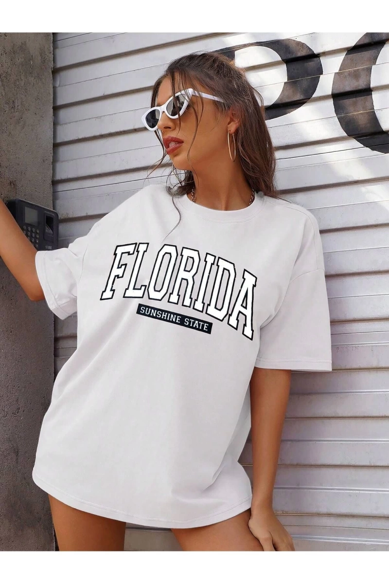 Kadın FLORİDA Renkli Özel Baskılı Renkli Oversize Bisiklet Yaka Penye T-Shirt