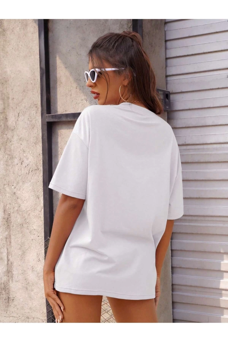 Kadın FLORİDA Renkli Özel Baskılı Renkli Oversize Bisiklet Yaka Penye T-Shirt