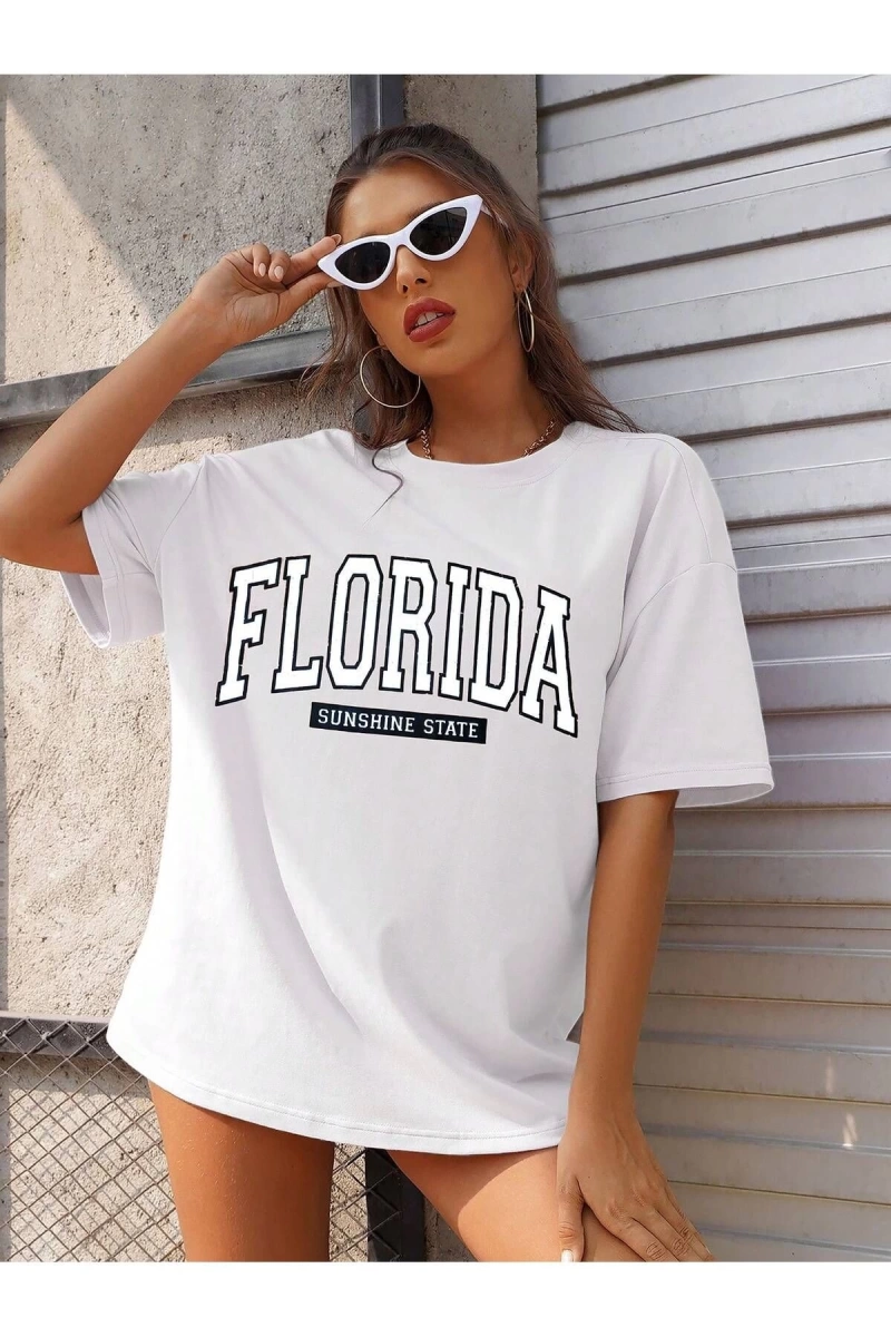 Kadın FLORİDA Renkli Özel Baskılı Renkli Oversize Bisiklet Yaka Penye T-Shirt