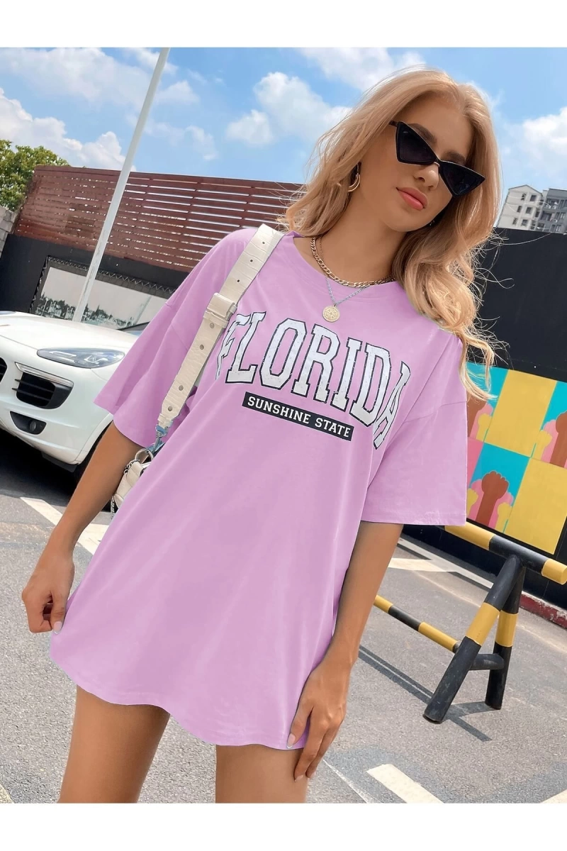 Kadın FLORİDA Renkli Özel Baskılı Renkli Oversize Bisiklet Yaka Penye T-Shirt
