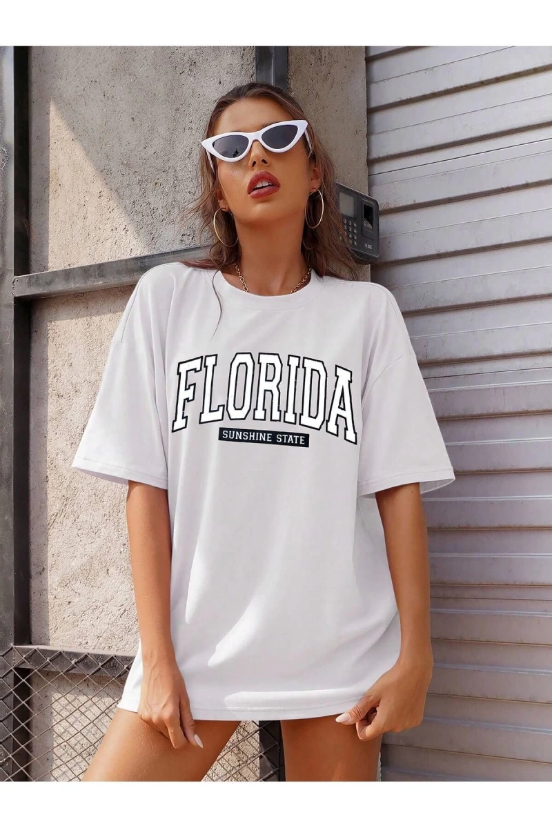 Kadın FLORİDA Renkli Özel Baskılı Renkli Oversize Bisiklet Yaka Penye T-Shirt