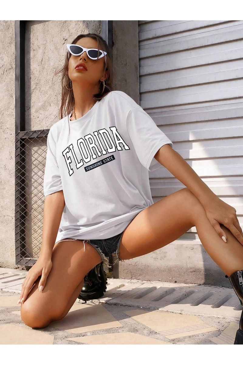 Kadın FLORİDA Renkli Özel Baskılı Renkli Oversize Bisiklet Yaka Penye T-Shirt
