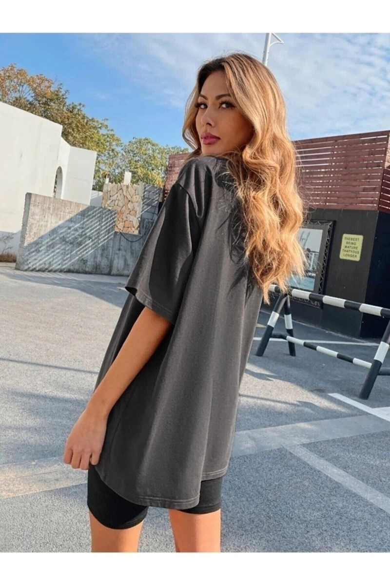 Kadın Füme Oversize Michigan Baskılı T-shirt