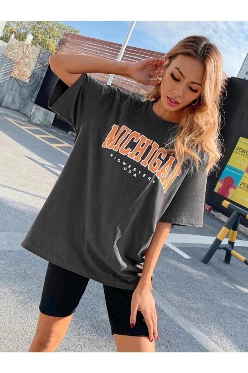 Kadın Füme Oversize Michigan Baskılı T-shirt