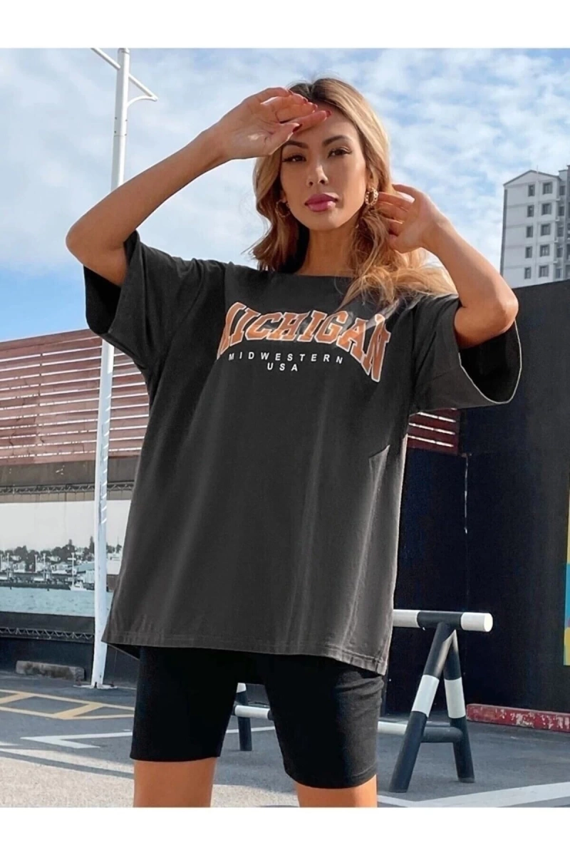 Kadın Füme Oversize Michigan Baskılı T-shirt