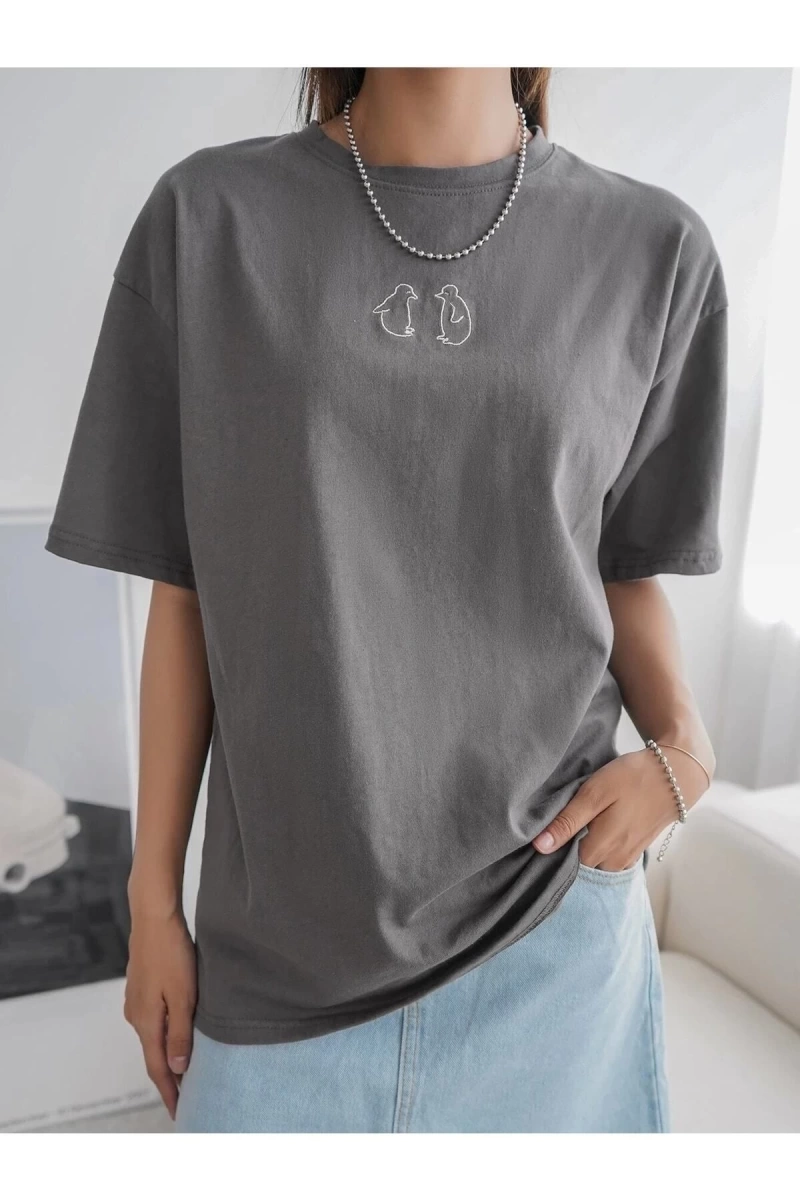 Kadın Füme Penguen Baskılı Oversize T-shirt