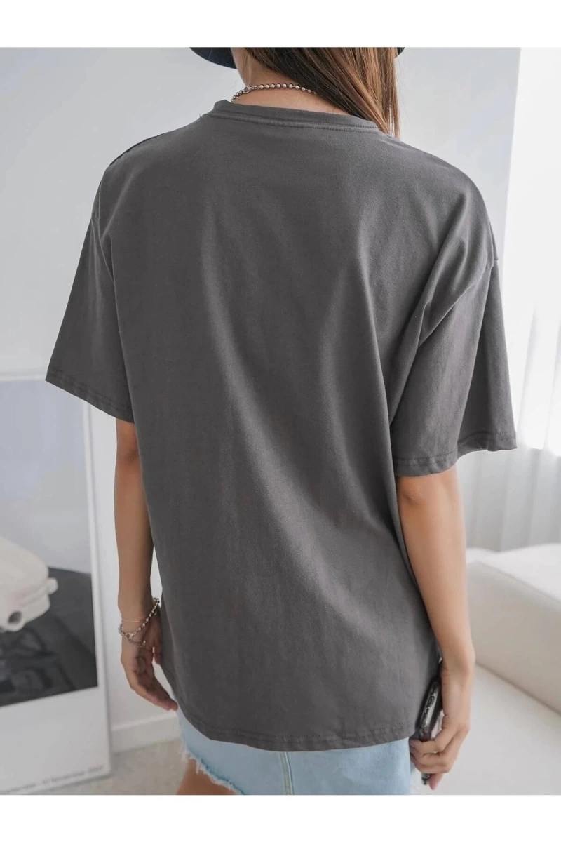 Kadın Füme Penguen Baskılı Oversize T-shirt