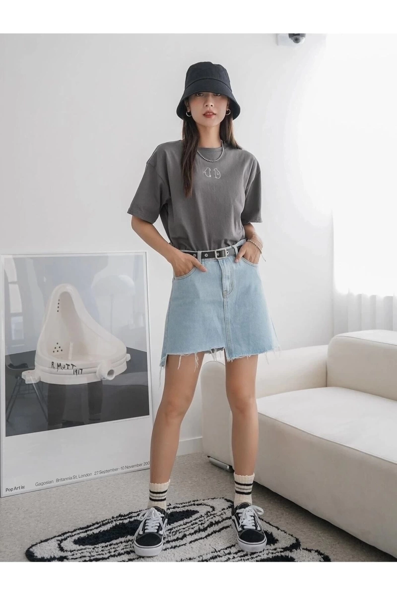 Kadın Füme Penguen Baskılı Oversize T-shirt