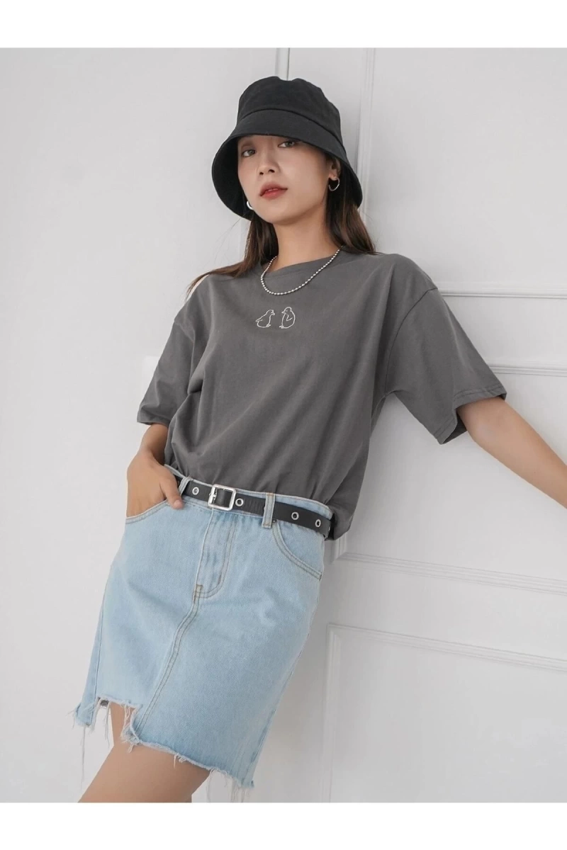 Kadın Füme Penguen Baskılı Oversize T-shirt
