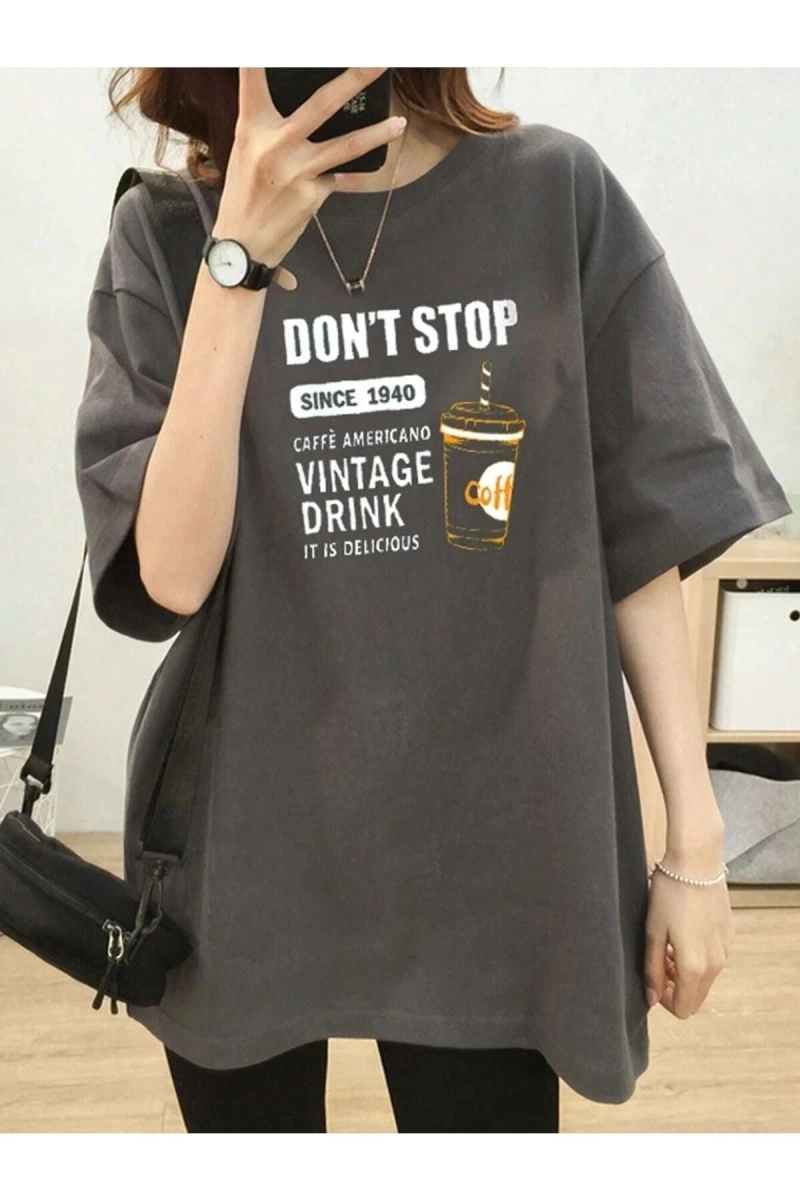 Kadın Füme Vintage Drink Baskılı Oversize T-shirt