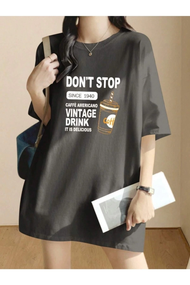 Kadın Füme Vintage Drink Baskılı Oversize T-shirt
