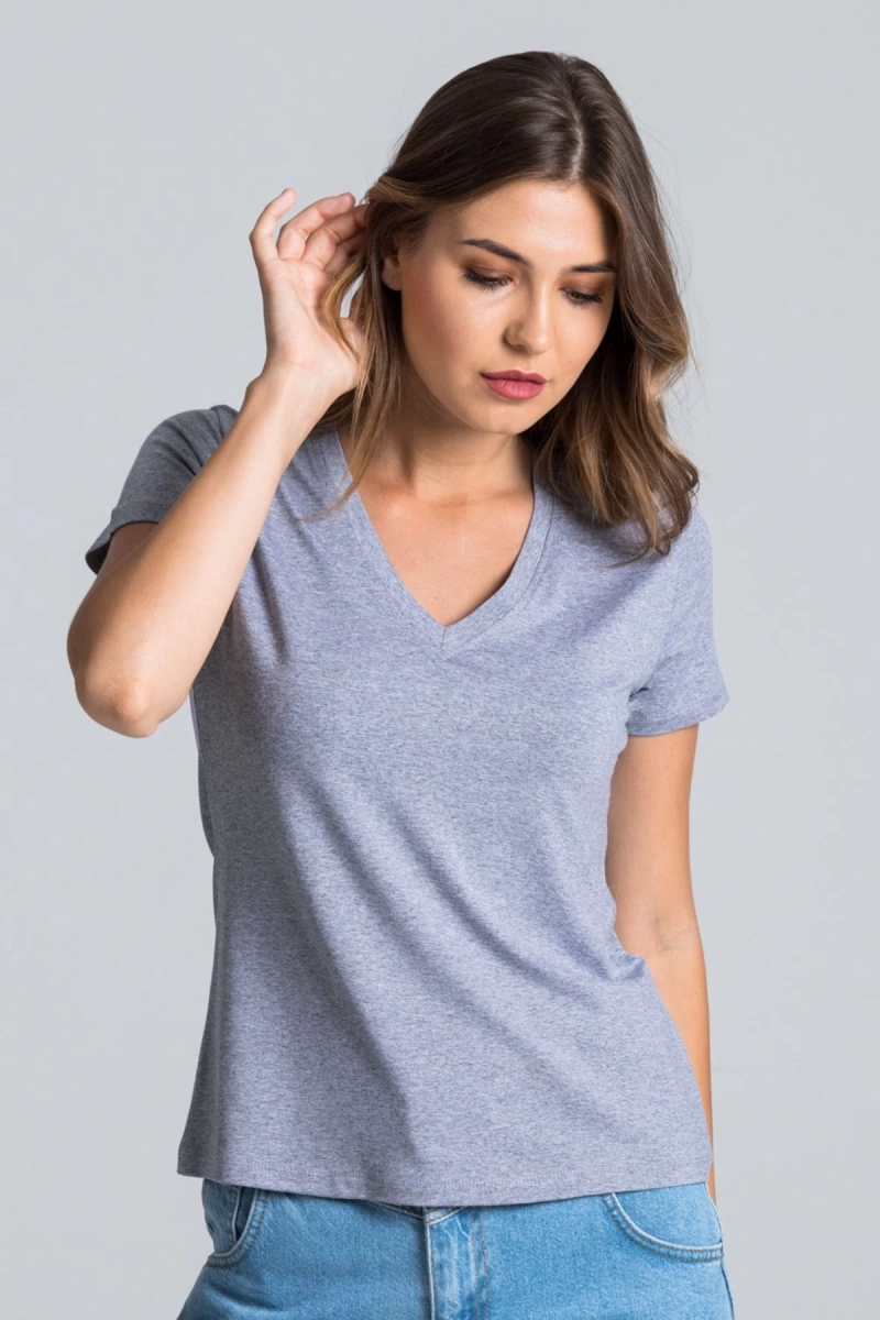 Kadın Gri Melanj Renk V Yaka Kısa Kollu Viskon T-shirt