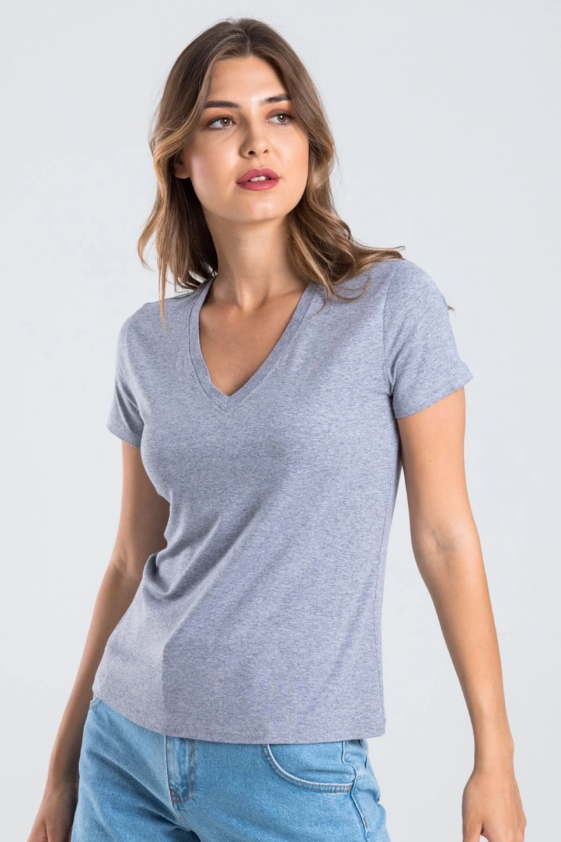 Kadın Gri Melanj Renk V Yaka Kısa Kollu Viskon T-shirt