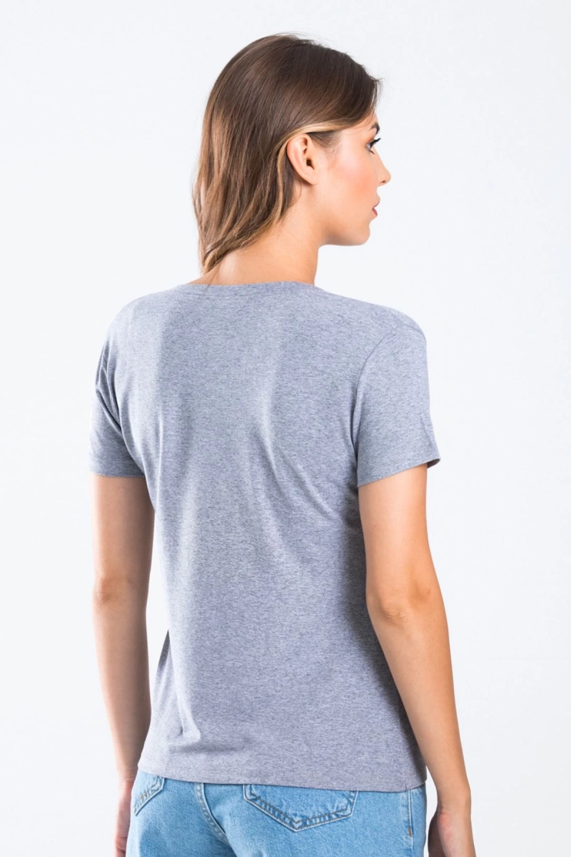 Kadın Gri Melanj Renk V Yaka Kısa Kollu Viskon T-shirt