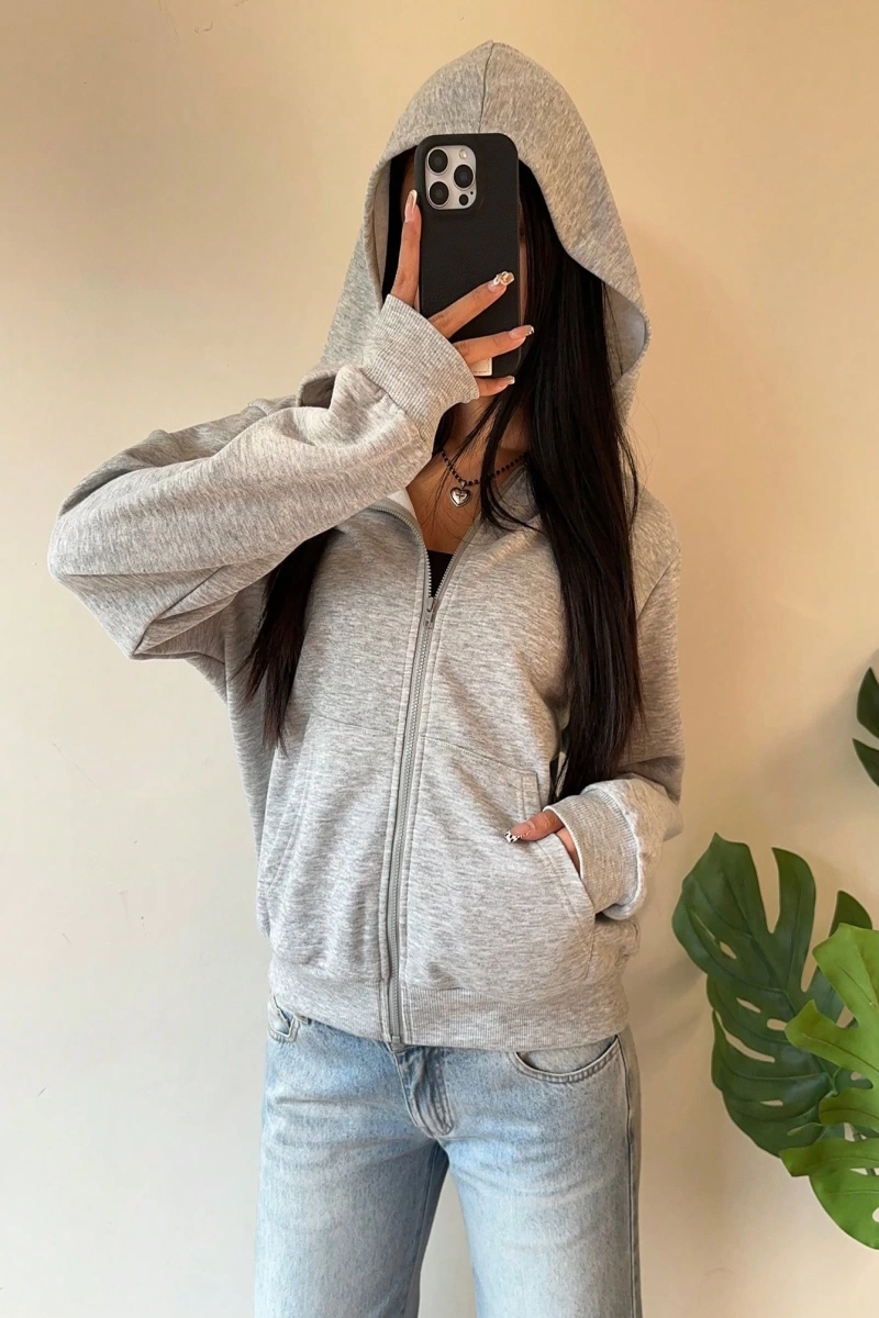 Kadın Gri Örme Kapşonlu Sweatshirt Model 5134