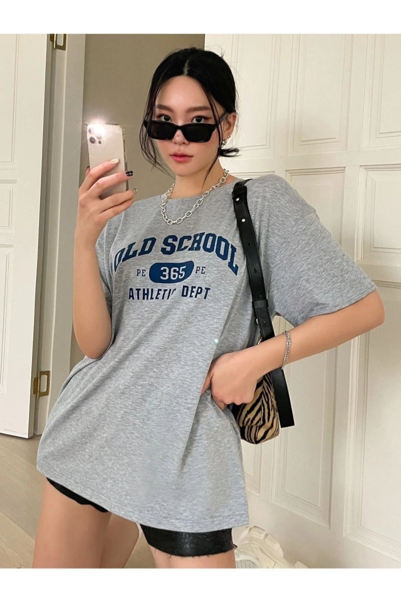 Kadın Gri School Baskılı Bisiklet Yaka Tshirt
