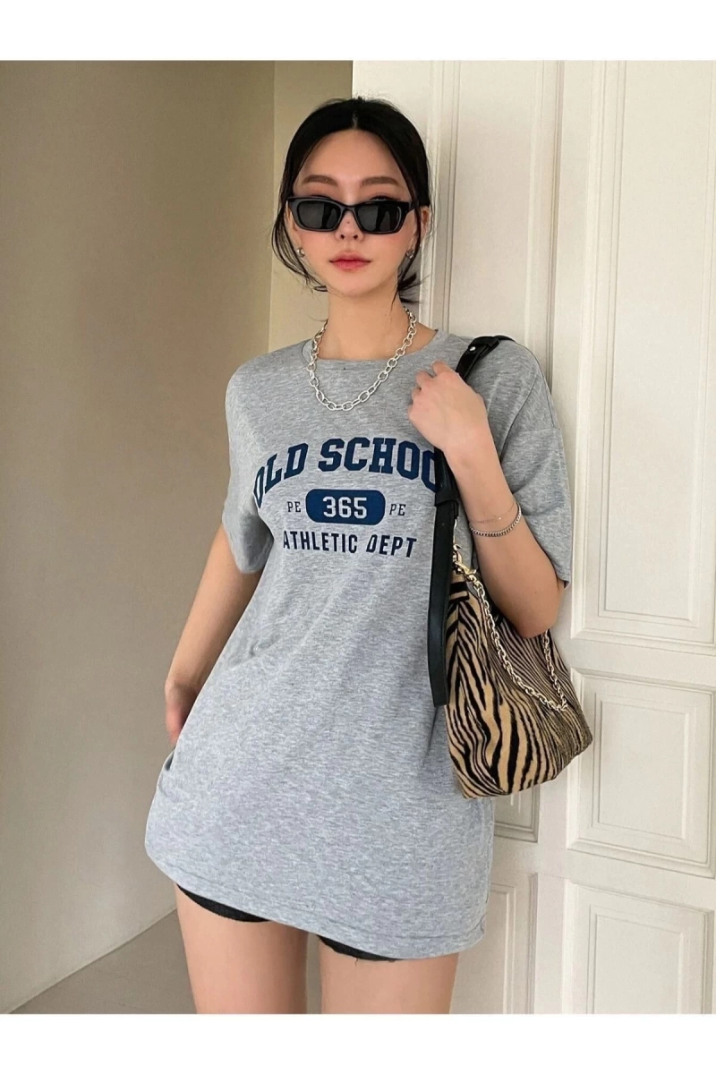 Kadın Gri School Baskılı Bisiklet Yaka Tshirt
