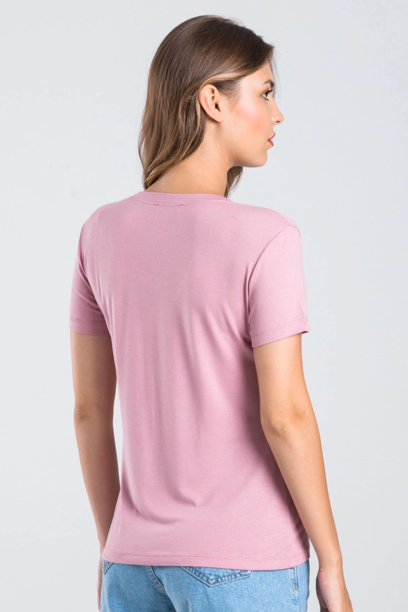 Kadın Gül Kurusu Renk V Yaka Kısa Kollu Viskon T-shirt
