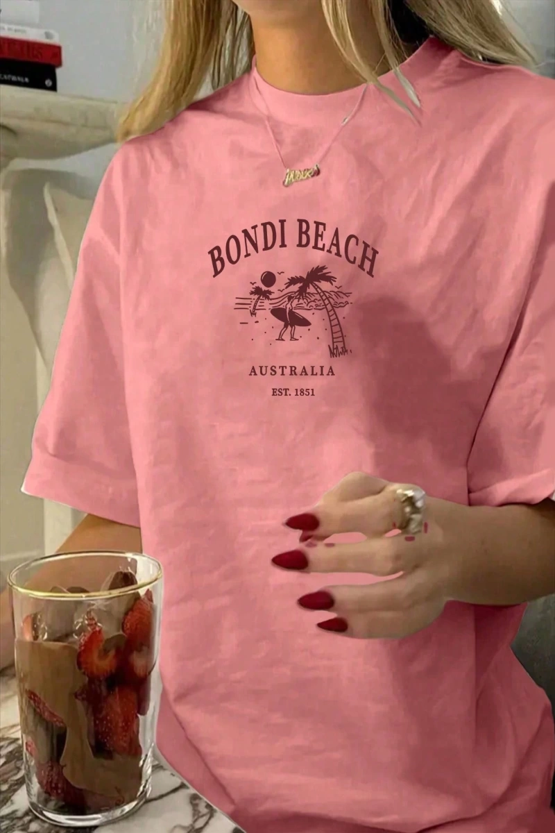 Kadın Günlük Bondi Plaj Baskılı Kısa Kollu Tişört