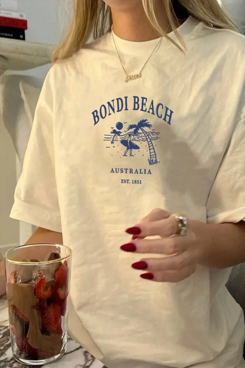 Kadın Günlük Bondi Plaj Baskılı Kısa Kollu Tişört