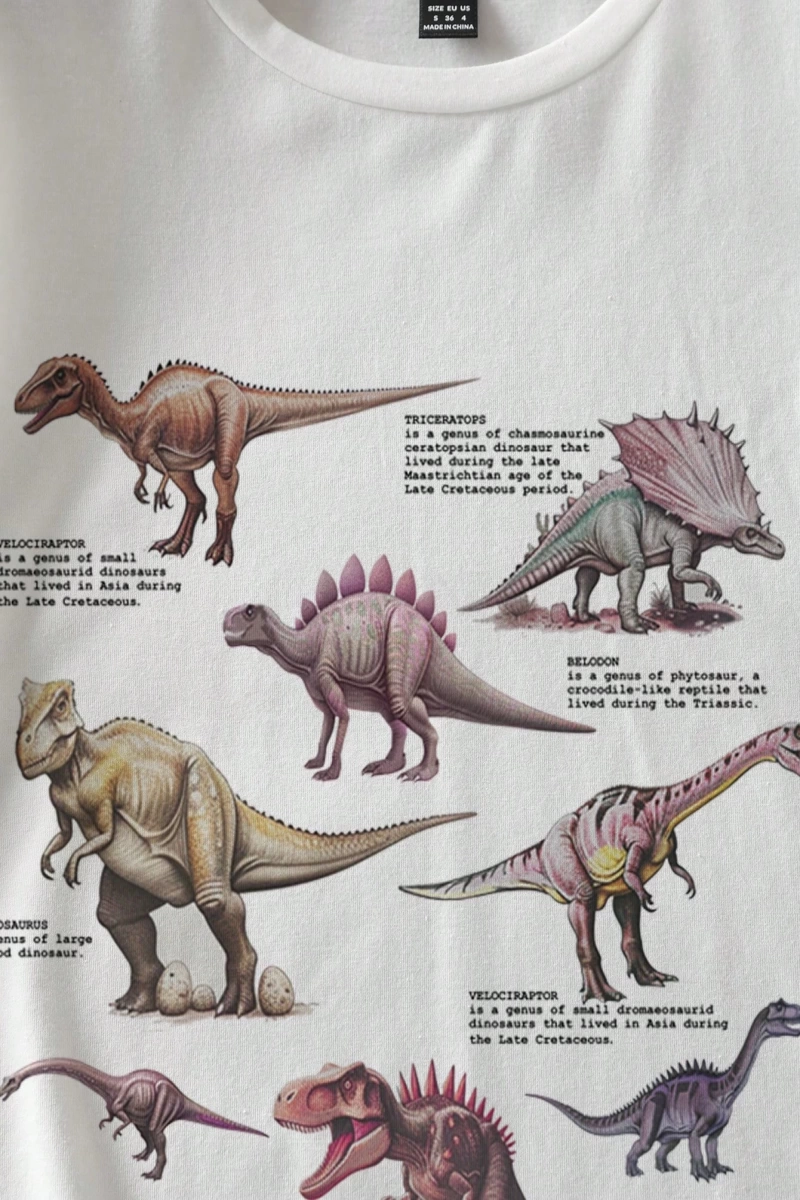 Kadın Günlük Dinozor Baskılı Bol Kesim Mürettebat Yaka İnce Kısa Kollu Beyaz Tişört,