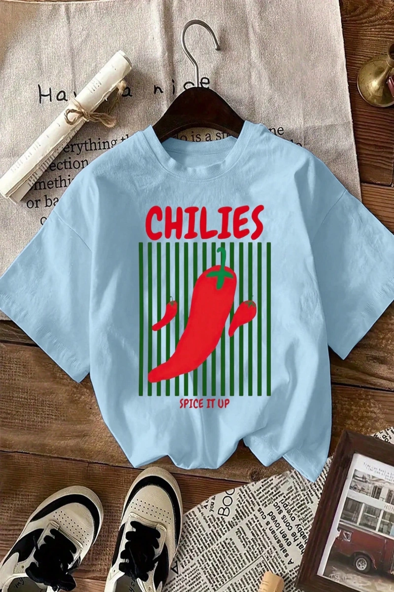 Kadın Günlük Domates ve Biber Yaz Tişörtü Grafik Yuvarlak Yaka Kısa Kollu Tişört