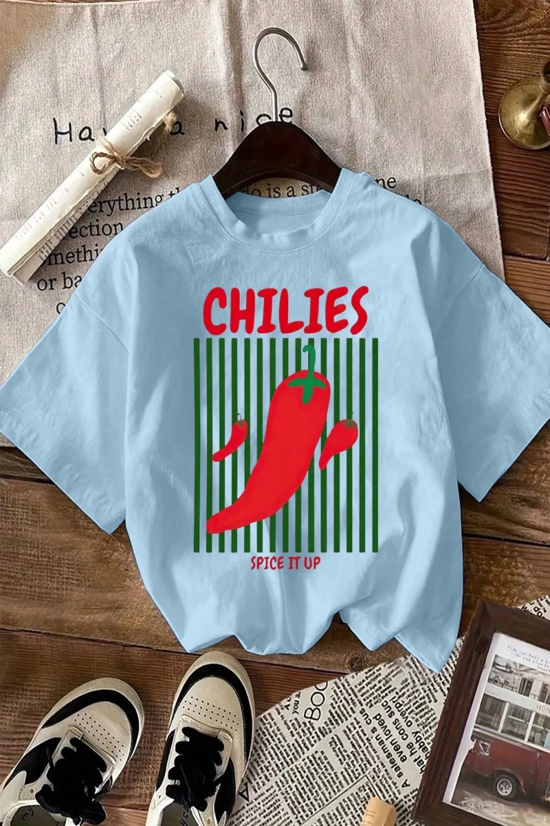 Kadın Günlük Domates ve Biber Yaz Tişörtü Grafik Yuvarlak Yaka Kısa Kollu Tişört