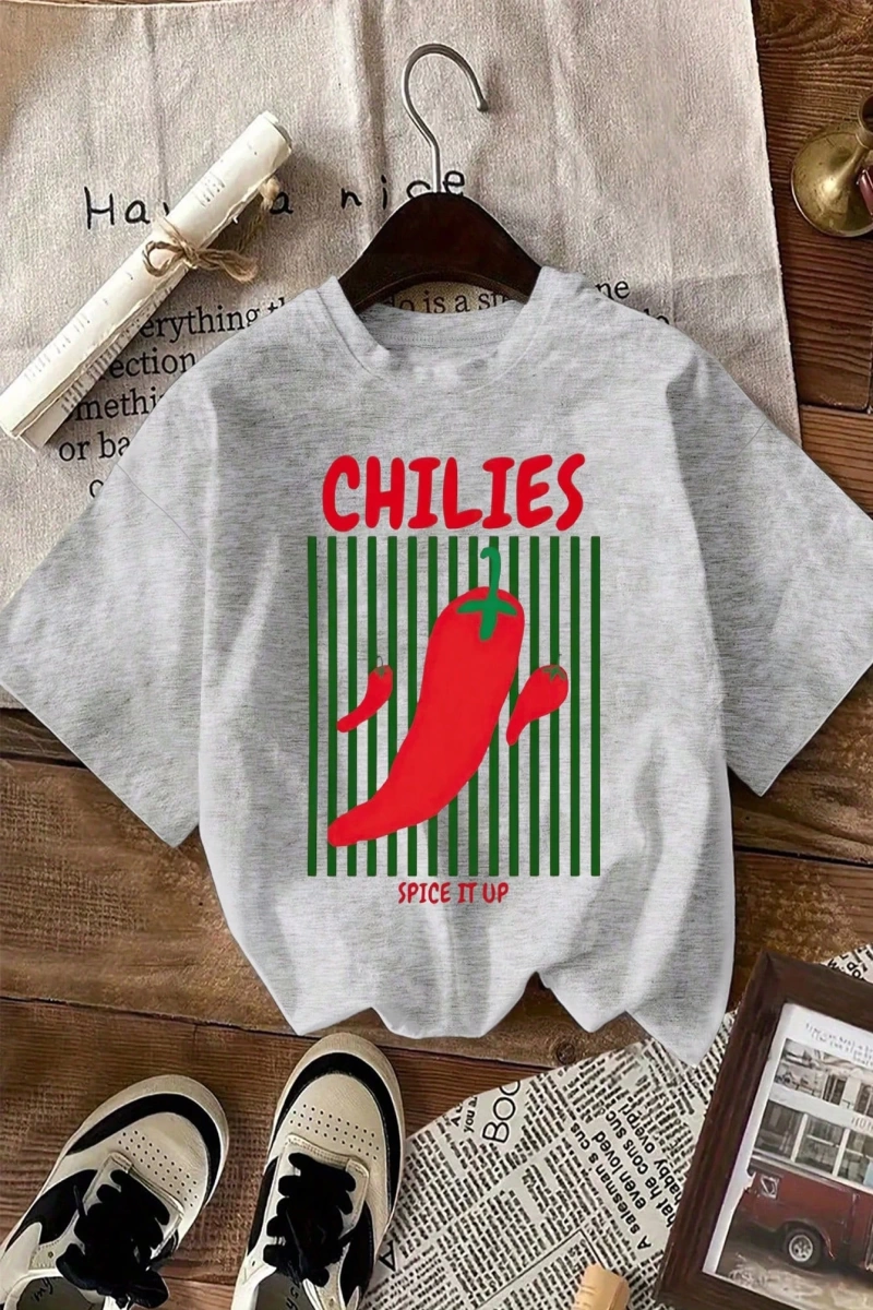 Kadın Günlük Domates ve Biber Yaz Tişörtü Grafik Yuvarlak Yaka Kısa Kollu Tişört