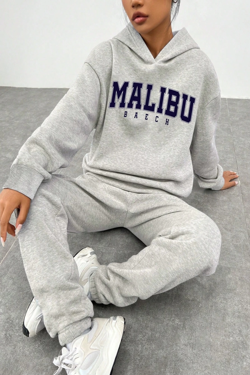 Kadın Günlük Harf Baskılı Bol Kesim Yuvarlak Yaka Sweatshirt Ve Eşofman Altı 2 Parça S