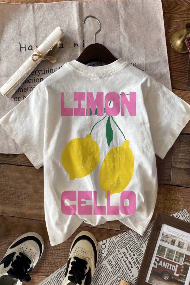 Kadın Günlük Limon Desenli Yuvarlak Yaka Kısa Kollu Tişört