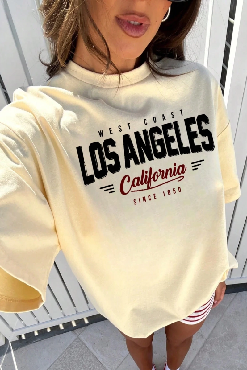 Kadın Günlük Los Angeles Mektup Baskılı Yuvarlak Yaka Tişört, Şık ve Çok Yönlü, Spor Kıyafetl