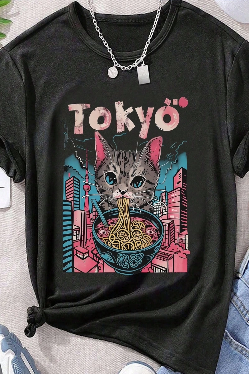 Kadın Günlük Üstler Tişörtler, Sevimli Kedi Deniz Ürünleri Ramen Desenli Baskılı Üstler, Hayv